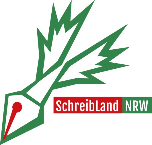 Das Logo des SchreibLand NRW -eine gezeichnete, grüne Schreibfeder mit roter Tinte